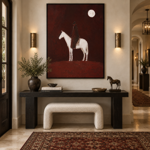 Burgundy Western Cowboy Horse Wall Art, Textured Oil Painting on Canvas, Vintage Equestrian Decor, Suitable for Luxury Hotel Living Rooms