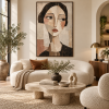 Abstract female portrait canvas art painting with textured, three-dimensional face painting, neutral figure decorative painting suitable for living room, bedroom, hotel.