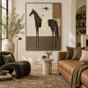 A minimalist abstract canvas painting of a rider and horse, in neutral brown tones, suitable for custom hanging decoration in hotels, villas, and clubs.