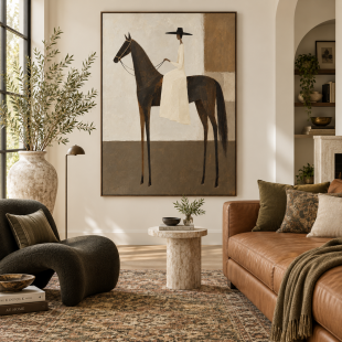 A minimalist abstract canvas painting of a rider and horse, in neutral brown tones, suitable for custom hanging decoration in hotels, villas, and clubs.