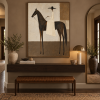 A minimalist abstract canvas painting of a rider and horse, in neutral brown tones, suitable for custom hanging decoration in hotels, villas, and clubs.