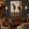 A minimalist abstract canvas painting of a rider and horse, in neutral brown tones, suitable for custom hanging decoration in hotels, villas, and clubs.