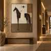 A minimalist abstract canvas painting of a rider and horse, in neutral brown tones, suitable for custom hanging decoration in hotels, villas, and clubs.