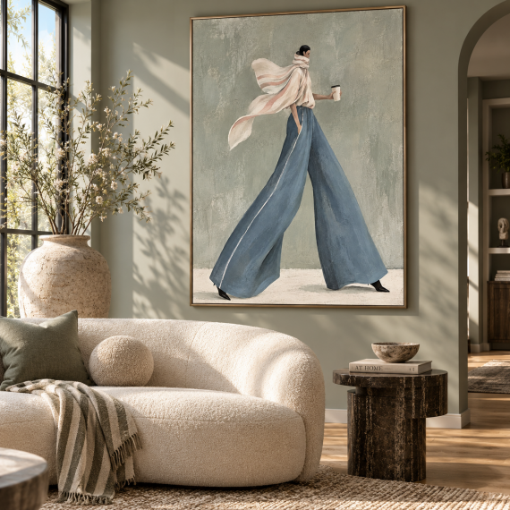Fashionable female figure canvas painting in blue wide-leg pants, coffee lifestyle style wall art suitable for boutique hotels, cafes, and office decoration.