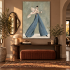 Fashionable female figure canvas painting in blue wide-leg pants, coffee lifestyle style wall art suitable for boutique hotels, cafes, and office decoration.