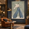 Fashionable female figure canvas painting in blue wide-leg pants, coffee lifestyle style wall art suitable for boutique hotels, cafes, and office decoration.