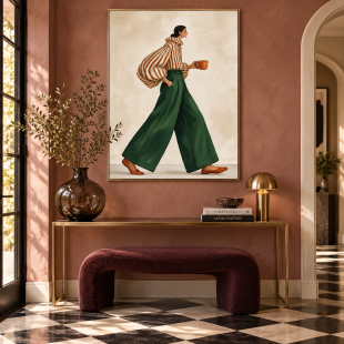 Retro-style female portrait canvas painting, coffee lifestyle style, wall art suitable for cafes, boutique hotels, and living room decoration.