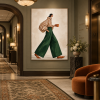 Retro-style female portrait canvas painting, coffee lifestyle style, wall art suitable for cafes, boutique hotels, and living room decoration.