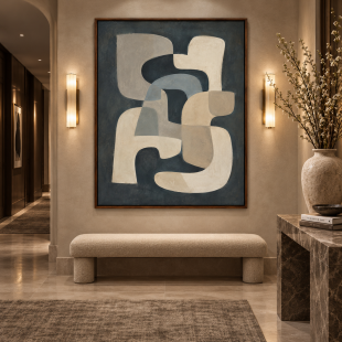 Vintage Premium Quality Blue Gray Modern Geometric Abstract Canvas Wall Art Painting for Living Room Office Hotel Lobby Decor