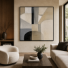 Retro neutral geometric abstract oil painting, beige and black minimalist canvas wall art, suitable for hotel, villa lobby, and office decoration.