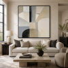 Retro neutral geometric abstract oil painting, beige and black minimalist canvas wall art, suitable for hotel, villa lobby, and office decoration.