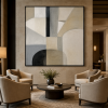 Retro neutral geometric abstract oil painting, beige and black minimalist canvas wall art, suitable for hotel, villa lobby, and office decoration.