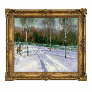 Aspen Valley Snowscape Oil Painting, Winter Forest Trail, Canvas, Gold Frame, Wall Art Suitable for Hotel, Cabin, and Villa Living Room Decoration