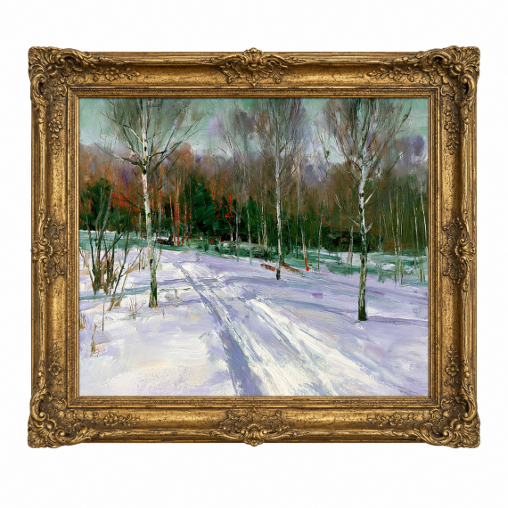 Aspen Valley Snowscape Oil Painting, Winter Forest Trail, Canvas, Gold Frame, Wall Art Suitable for Hotel, Cabin, and Villa Living Room Decoration