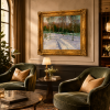 Aspen Valley Snowscape Oil Painting, Winter Forest Trail, Canvas, Gold Frame, Wall Art Suitable for Hotel, Cabin, and Villa Living Room Decoration