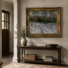 Aspen Valley Snowscape Oil Painting, Winter Forest Trail, Canvas, Gold Frame, Wall Art Suitable for Hotel, Cabin, and Villa Living Room Decoration