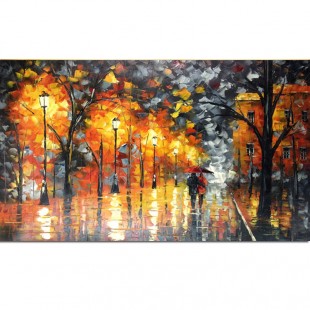 Autumn-Impressionist Rainy Night Street Oil Painting | Couple with Umbrella & Warm Lights Wall Art for Home Decor
