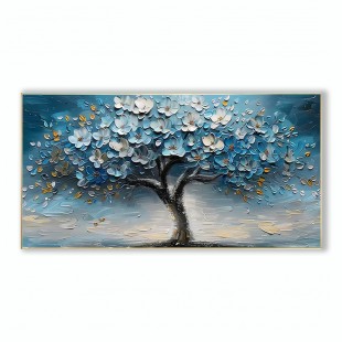 Azure Blossom tree- 3D Textured Blue Gold tree Paintting, Modern Framed Art for Home Decor