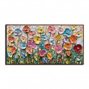 Blooming Meadow-Colorful Textured Floral Oil Painting for Living Room Decor