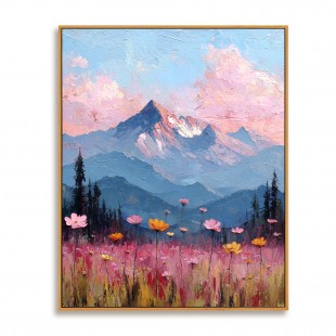 Blooming Peaks — Textured Mountain Sunset Landscape Oil Painting, Wildflower Wall Art