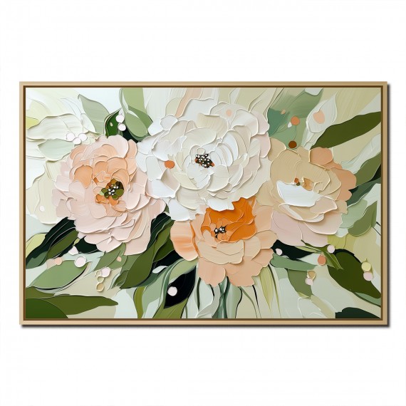 Blossom Harmony-Framed Modern Textured Floral Wall Art - Soft Peach, White & Orange Flower Painting with Green Foliage, Boho Farmhouse Decor for Living Room