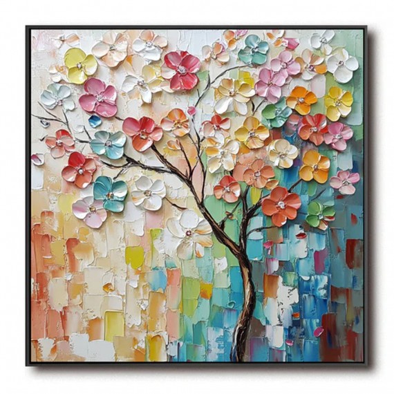 Blossom tree: Vibrant Serenity-Textured Colorful Flower tree Oil Painting, 3D Impasto Wall Art for Home Decor