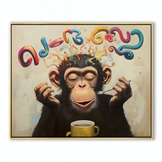 Caffeine Muse : Whimsical Monkey Drinking Coffee with Colorful abstract Letters - Playful Oil Painting, Unique Wall Decor for Modern Living Spaces