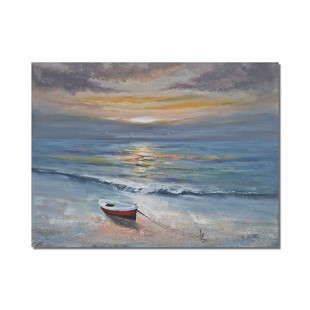 Castaway-Tranquil Beach Sunset Oil Painting: Nautical Small Boat Coastal Wall Art