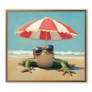 Chill Frog:  Funny Frog on Beach with Sunglasses & Striped Umbrella - Whimsical Coastal Oil Painting, Playful Wall Art for Living Room & Beach-Themed Spaces