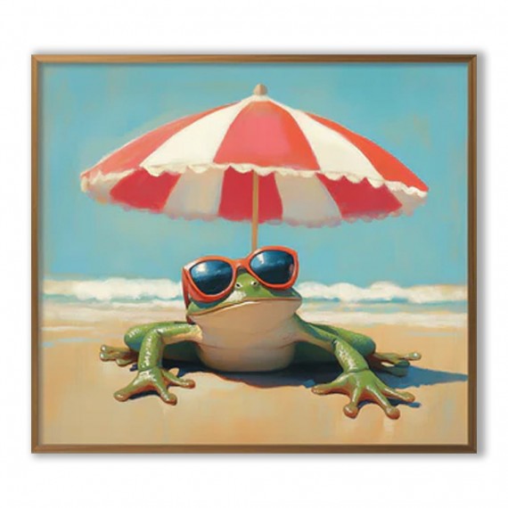 Chill Frog:  Funny Frog on Beach with Sunglasses & Striped Umbrella - Whimsical Coastal Oil Painting, Playful Wall Art for Living Room & Beach-Themed Spaces