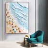 Coastal Bliss-Impasto Vertical Beach Scene Oil Painting - Framed Wall Art with Colorful Umbrellas & Textured Waves, Summer Coastal Decor for Living Room & Bedroom