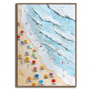 Coastal Bliss-Impasto Vertical Beach Scene Oil Painting - Framed Wall Art with Colorful Umbrellas & Textured Waves, Summer Coastal Decor for Living Room & Bedroom
