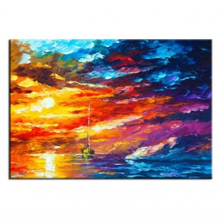Colorful Sunset Sea Sailboat Oil Painting: Impressionist Wall Art