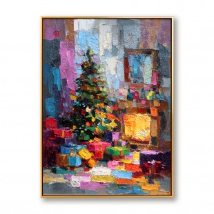 Cozy Eve – Textured Christmas Fireplace and tree Oil Painting