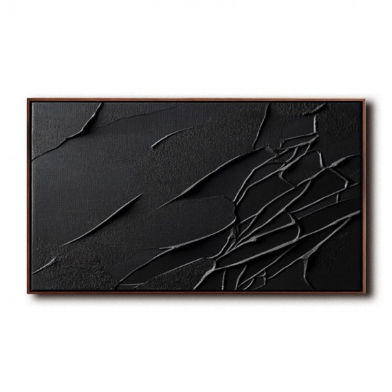 Cracked Serenity: Large Black abstract Art with Cracked Lines - Minimalist Modern Wall Decor