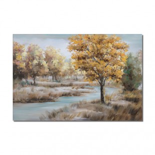 Creek-Autumn River Landscape Oil Painting with Golden trees | Serene Nature Wall Art for Home Decor
