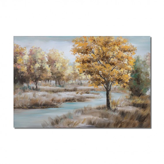 Creek-Autumn River Landscape Oil Painting with Golden trees | Serene Nature Wall Art for Home Decor