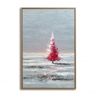 Crimson Solitude : Red tree abstract Landscape Art with Impasto Texture - Grey Hues, Stylish Decor for Modern Homes