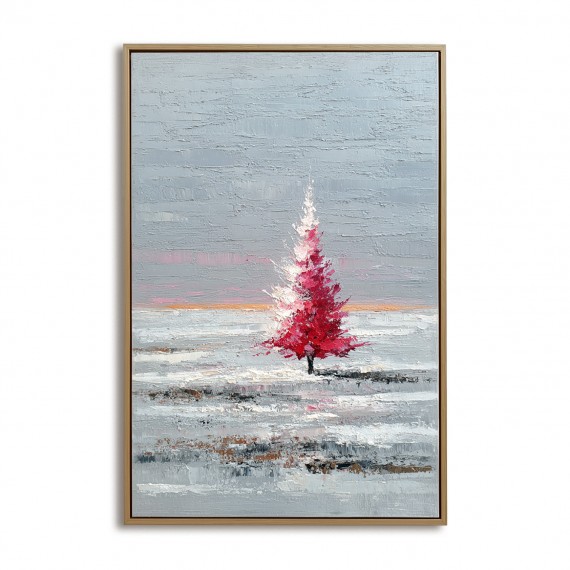 Crimson Solitude : Red tree abstract Landscape Art with Impasto Texture - Grey Hues, Stylish Decor for Modern Homes