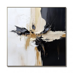 Crossroads of Serenity-Minimalist Black and White abstract Art: Hand - painted Oil on Canvas