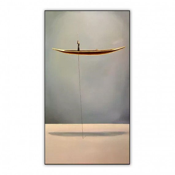 Distance-Minimalist abstract Art of Golden Boat Painting for Tranquil Home Decor