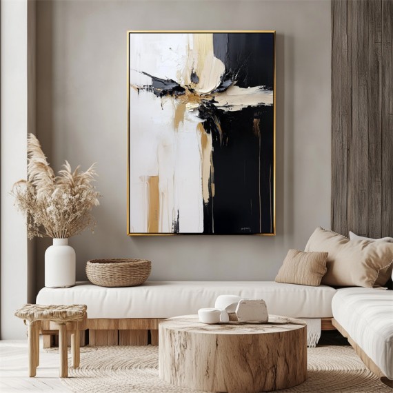 Divergent Flow: Thick Texture abstract Artwork - Black, White & Gold for Living Room Wall