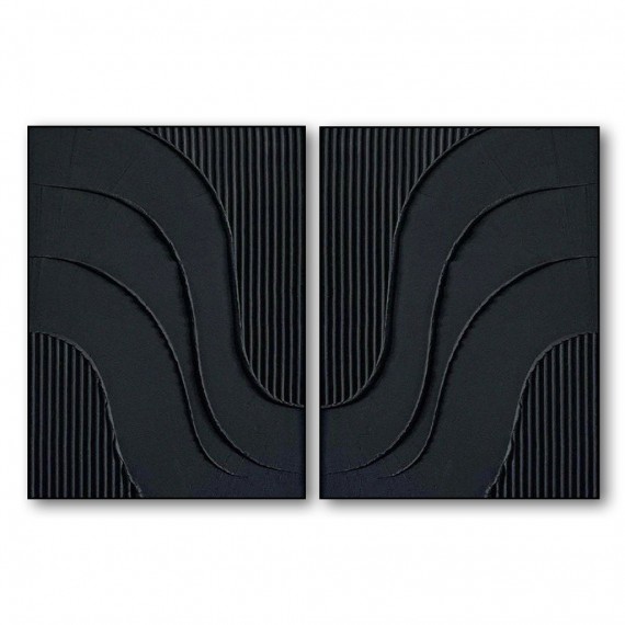 Dual Flow Elegance-Minimalist Black abstract Diptych Painting | Modern Textured Wall Art