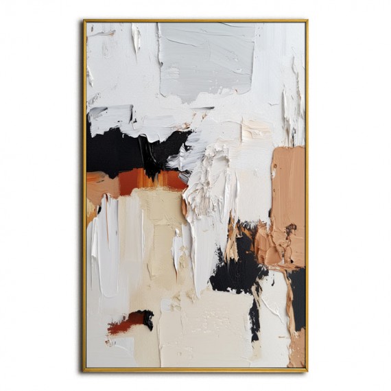 Dynamic Neutrals: Contemporary Impasto Art - Black & White with Orange Beige Accents