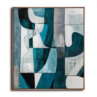 Echoes of Form: Modern abstract Geometric Wall Art - Teal & Gray Toned Framed Canvas Painting for Living Room & Bedroom Decor