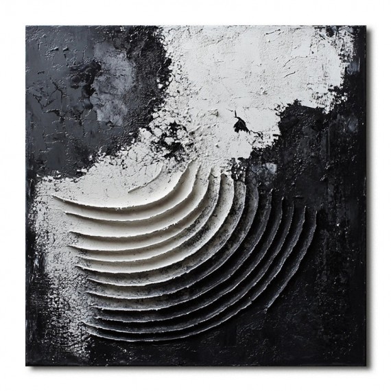 Eclipse Waves: 3D Textured Black & White abstract Oil Painting - Minimalist Wall Art, Edgy Decor for Modern Interiors