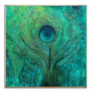 Emerald Pulse - Textured Blue and Green abstract Feather Oil Painting