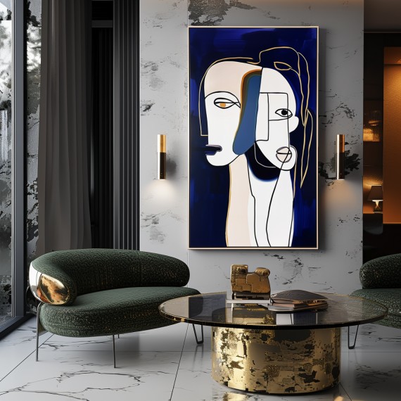 EntWined Souls-abstract Minimalist Face Line Art Painting with Navy Blue Background, Modern Decorative Wall Art