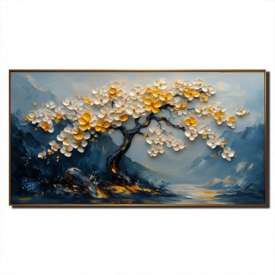 Ethereal Blossoms-Relief Texture Blooming tree Oil Painting with Mountain Landscape | Modern Home Decor Wall Art