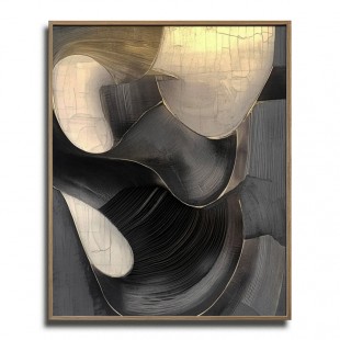 Ethereal Flow: Modern Textured Black White & Gold abstract Art - Elegant Curved Lines Decor